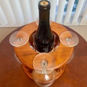 MCM Teak Wine Bottle and 4 Glass Holder